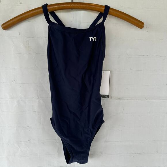 NWT TYR Sport Girls' Solid Durafast Diamondback Swim Suit Navy Size 24 - Picture 7 of 9